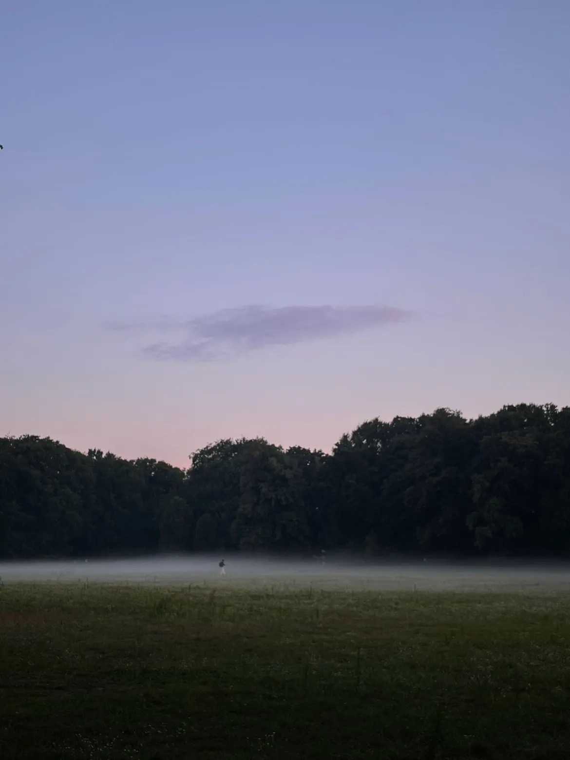 A person trekking through fog in a distance.